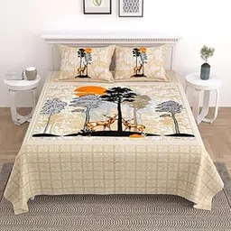 KOTTS & STITCH Jaipuri Cotton Bedsheet for Double Bed King Size with 2 Pillow Covers | 210 TC |93x108 in| Printed Bedsheets King Size-Beige Bed Sheet- Deer Park-picture-22