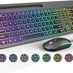 SABLUTE Wireless Keyboard And Mouse, 15 Backlit Effects, Slim Rechargeable Keyboard & Mouse Combo With Phone Holder, Light Up Keys, Lag-Free USB-A & C Cordless Set For PC, Laptop, Windows-image-58