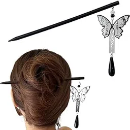 HONEY ACCESSORIES 1PCS OF Butterfly Tassel Hair Stick, Retro Chinese Style Hair Chopsticks Hanfu Chignon Hair Pin Styling Hair Making Accessories for Women (Calligraphy Butterfly), Black image 1