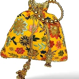 Traditional Potli Bags for Weddings and Festivals – Handcrafted Silk Pouches with Embroidered Detailing and Decorative Elements for Womens |Yellow|-picture-51