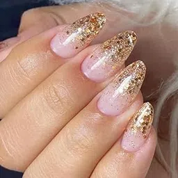 Artificial Nails - Pack of 12 Round Shape Handmade Pink Press-On With Golden Glitter for Women & Girls | Reusable, Pre-Designed | Perfect Decorative Fake Nails for Girl (Gold Blush)-image-0