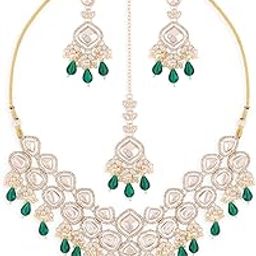 zaveri pearls Green Kundan Austrian Diamonds Artificial Stones & Beads Embellished Bridal Necklace Earring & Maangtikka Set For Women-ZPFK16926-picture-8