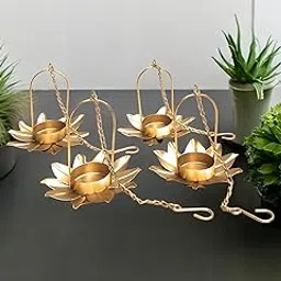 Blissful Decor Decorative Iron Hanging Lotus Small Tealight Candle Holder with Chain Wall Hanging Tealight Candle Holders Metal - Diwali Decorations Items Diwali decoratin diyas Pack of- 4-image-72