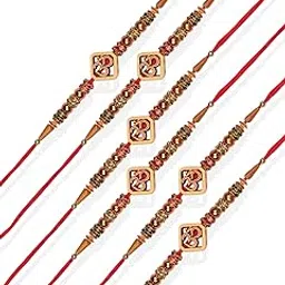 accessher Traditional Gold Plated Elegant Quirky and Wooden OM Rakhi for Beloved Brother Pack of 6 with Roli Kumkum Packets and Happy Rakshabandhan Card-picture-23