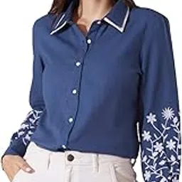 globus Women Notch Lapel Drop Shoulder Sleeves Embriodered Detail Boxy Fit Crop Shirt-picture-25