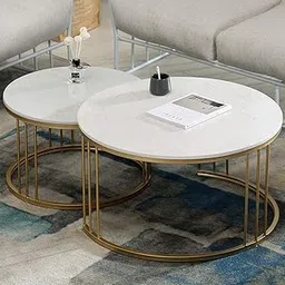 Round Coffee Table/Center Table/Sofa Table with Waterproof Marble Finish Wooden Top 21x21 inchs (Gold & White)-image-78
