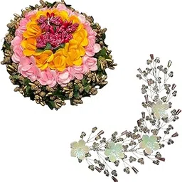 Decorative Floral Hair Accessory Set, Pink and Yellow Roses with Gold Accents, Traditional Indian Wedding Gajra and Tiara-picture-25