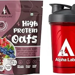 Alpha Labz 26 g Whey Protein Oats – Dark Chocolate Berry | High-Fibre Rolled Oats Breakfast with Almonds, Raisins, Chia & Pumpkin Seeds | Whey Protein Blend | High Fibre Breakfast | Rolled Oats | No Refined Sugar | No Added Preservatives, Breakfast Cereals | Gluten Free | 1 kg + Shaker Bottle-image-77