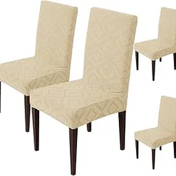 House of Quirk Stretchy Universal Jacquard Fabric Diamond Texture 220 GSM Chair Cover Removable & Washable Short Dining Chair Cover Protector Seat Slipcover (Beige, Pack of 4)-picture-20