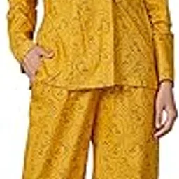 chhooze Cotton Loungewear Set for Women | 2 Pcs Shirt & Wide-Leg Pajama Nightwear | Full Sleeve Sleepwear Suit | Shirt and Pajama | Abstract-face Printed - Yellow-picture-11