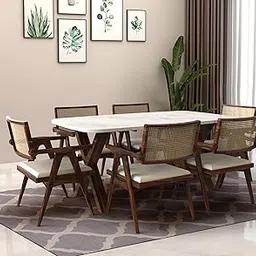 PLANKO | Anima Premium White Marble Top Dining Table 6 Seater with Cane Inlay | Designer Chairs with Armrest | Comfortable Cushioning | Ergonomically Designed | Exquisite Marble (Walnut)-picture-12