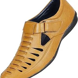 SK Men's Leather Comfort Sandals, Cutout Design, Black, Casual Flat Shoes-picture-29