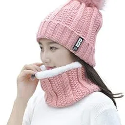 dressify � Winter Soft Warm 1 Set Snow Proof Ball Cap (Inside Fur) Woolen Beanie Cap with Scarf for Women Girl Ladies Pink Color-picture-16
