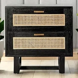 Wooden Twist Arnitra Modern Rattan Spline Bedside Table with 2 Spacious Storage Drawers Rustic Nightstand for Bedroom The Flat Tabletop Surface is Perfect for Displaying a Lamp (Walnut)-picture-29