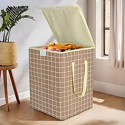 Kuber Industries 75 L Big Size Laundry Bag for Clothes | Foldable Laundry Basket for Clothes Storage with Lid | Dress Basket Perfect for Everyday Use, Toys, Bedroom | Checked Print | Brown-picture-28