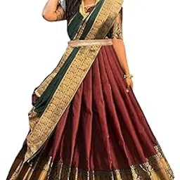 kedarfab Womens Stylish Kalamkari Pattern Golden Zari Woven Border Silk Blend Lehenga Choli Set For Women (Unstitched)-picture-10