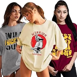 leotude Oversized Cottonblend Half Sleeve Round Neck Longline Drop Shoulder, Colorful Printed T-Shirt Women's Combo T-Shirts (Pack of 3)-picture-11