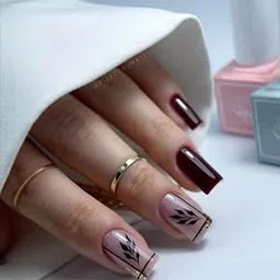 FWS Artificial fake Press On Nails Art Set (Set Of 20) Reusable Nails Extension,BridalNails,Stick-On Nails,Manicure Art Set, AcrylicNails,False Nails,DesignerNails | Nail Glue, Nail file, cuticle pusher, cleaning wipe | Glossy Dark Maroon,Black Leaves Shape Medium Square-picture-16