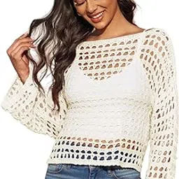 maycreate Women Mesh Crochet Crop Top Long Sleeve Hollow Out Mesh Knit Sweater Bikini Beach See Through Cover Ups-picture-19