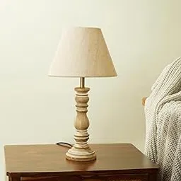 Rustic Wooden Table Lamp, Distressed Beige Base with Linen Shade, Traditional Farmhouse Style-picture-21