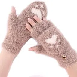 bold n elegant Cute Paw Fuzzy Warm Wool Convertible Fingerless Gloves cum Mittens Winter Wrist Arm Warmer Mitts Gloves for Girls & Women-picture-17