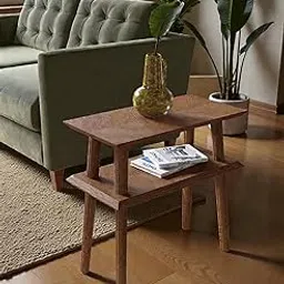 Modern Natural Wood Bedside Table for Living Room Brown Double Layer Wooden End Table with Foldable 4 Leg Design and Storage Shelf-picture-11