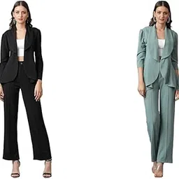 Women's Solid Relaxed Fit 3/4 Sleeve Co-ord Blazer and Trouser Set. Coal Black Women's Solid Relaxed Fit 3/4 Sleeve Co-ord Blazer and Trouser Set.-image-2