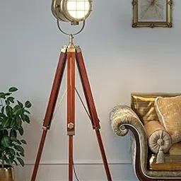 Vintage Tripod Spotlight Floor Lamp – Nautical Designer Searchlight with Adjustable Wooden Stand for Living Rooms by UK Survey INST-picture-14