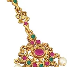 spargz Round Alloy Festive Gold Plated Ruby & Pearl Maangtikka For Women-picture-13