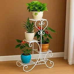 Kundi 4 Tier Plant Stands for Indoors and Outdoors, Flower Pot Holder Shelf for Multi Plants, Black Metal Plant Stand for Patio L-32 x W-10 x H-29 inches (4 Tier White)-picture-28
