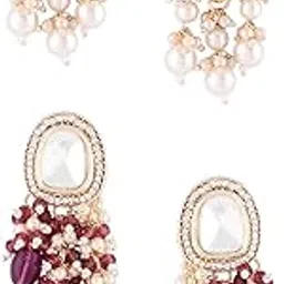 zaveri pearls Set of 2 Wine Color Stones Beads Clustered Traditional Drop Earrings For Women-ZPFK17983-picture-38