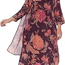 w for woman Wine Printed Chinon A-line Kurta, Straight Pant and Dupatta Set-picture-18