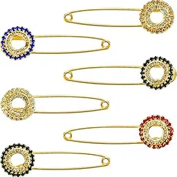 vama FASHIONS Faux Multicolor Rhinestone Safety Pin Decorative Brooch Clips for Jeans Hijabs Sweaters Shawls Shirts Collars Clothes Sarees Dresses and Gowns (Set of 6) image 1