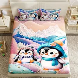 Story@Home Bedsheet for Double Size Bed 300TC Microfiber with 2 Pillow Covers, 225 cm X 250 cm, Blue & Pink, Penguins Design | Bedsheet for Double | Perfect for Home Decor-picture-14
