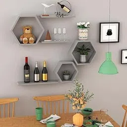 The Menifest Present by | Wooden Hexagonal Shape Wall Hanging Rack Shelf | Wall Shelf for Living Room Bedroom and Office Decoration (Grey)-picture-12