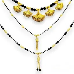 elleva Small Mangalsutra Tanmaniya Necklace for Women Stylish Traditional Necklace set for Wedding | Black Beads Mangalsutra Combo set 3, Gold (Pack of 1) (Combo-07)-picture-50