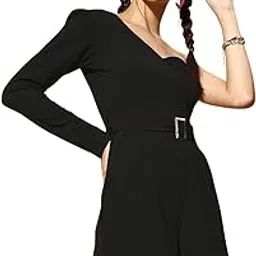 berrylush Women Solid One-Shoulder Neck Long Sleeve Waist Belted Mini Jumpsuit-picture-23