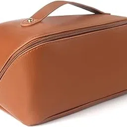 VYAKAT Large Capacity Travel Cosmetic Bag,Pu Waterproof Women Travel Makeup Bag Organizer,Toiletry Bag Skincare Bag,Opens Flat Storage Travel Bag with Dividers and Handle (Large, Brown)-picture-23