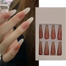 S.A.V.I 30 Pcs Long Almond Ombre Nude Press On Nails | Reusable Fake Nails with Glue & Adhesive Tabs | Elegant French Manicure Look | For Salon-Like DIY at Home image 1