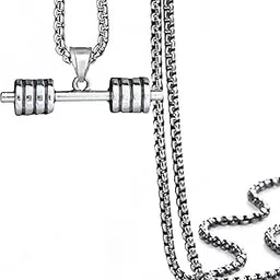 rvm jewels Stainless Steel Gym Fitness Dumbbell Pendant Necklace Silver Chain Jewellery for Gym Lovers Men Boys image 1
