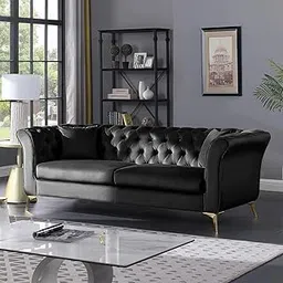 WOODENZA FURNITURE Velvet Couch for Mid-Century Modern Chesterfield Sofa 3 Seater Couches Sleeper Sofa with Golden Metal Legs for Living Room, Dining Room Office and Hallway-(Black).-picture-10
