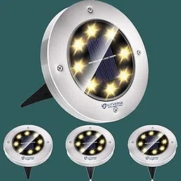 LITVERSE Alloy Steel Solar Ground Disk Lights (8 LEDs /4 Pack) Outdoor Waterproof for Pathway In-Ground Lawn Yard Deck Patio Walkway - Warm White-image-1