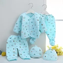 GURU KRIPA BABY PRODUCTS New Born BABY Winter Wear Keep Warm Cartoon Printed BABY Clothes Cotton BABY Boys Girls Unisex BABY Fleece/Falalen Suit Infant Clothes 5 Pcs Sets Blue For 0-3 Months-picture-45