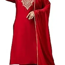 janasya Women's Plus Size Maroon Chanderi Silk Yoke Embroidered Straight Kurta Set-picture-46