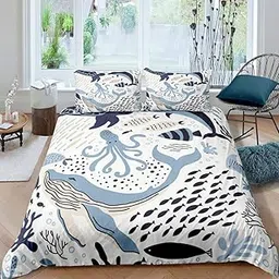 Whale Duvet Cover Marine Life Printed Bedding Set, Octopus Sea Turtle Decor Comforter Cover, for Teens Boys Girls Cute Sea Animal Pattern Bedspread Tropical Fish Decor Soft Quilt Cover, King Size-picture-25
