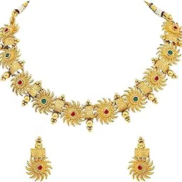 peora Gold Plated Green & Pink Stone Studded Round Surya Chakra Necklace Choker with Earrings Traditional Jewellery Sets for Women’s Girls|Mothers Day Gifts for Mom-picture-17