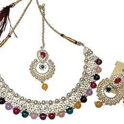 Premium Traditional Kundan Pearl Necklace Set for Women and Girls | Multicolor Beads Choker Set with Earrings & Maang Tikka | Wedding & Festive Jewellery Set-image-69