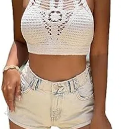 london prim victor – Women's Summer Beach Backless Crochet Halter Bikini Crop Top | Boho Hollow Out Tassel Embroidered Knit Beachwear-White (White) image 1