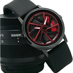 Sporty Gyro Watch with Black Silicone Band, Red Accent Dial, Modern Racing Wheel Design, Analog Display-picture-13