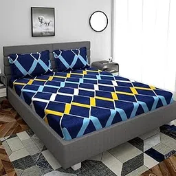 Premium Aslay Fitted Double Bedsheet for Queen/King Size Bed | All-Round Elastic | Soft Cotton-Blend | Fade-Resistant Geometric Print | Navy Blue with 2 Matching Pillow Covers-picture-14